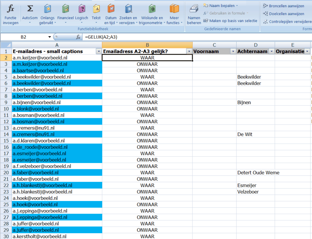 Emaillijsten ontdubbelen-via-gelijk-functie-Excel