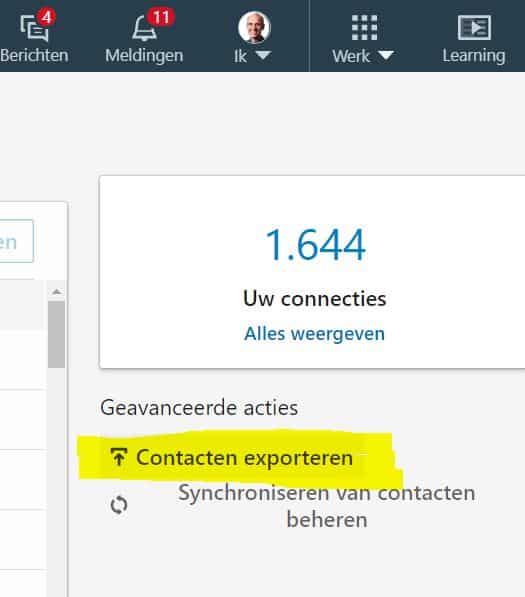 Contacten exporteren knop LinkedIn