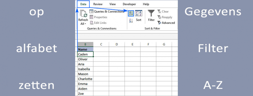 Excel kolom sorteren op alfabet via Filter functie