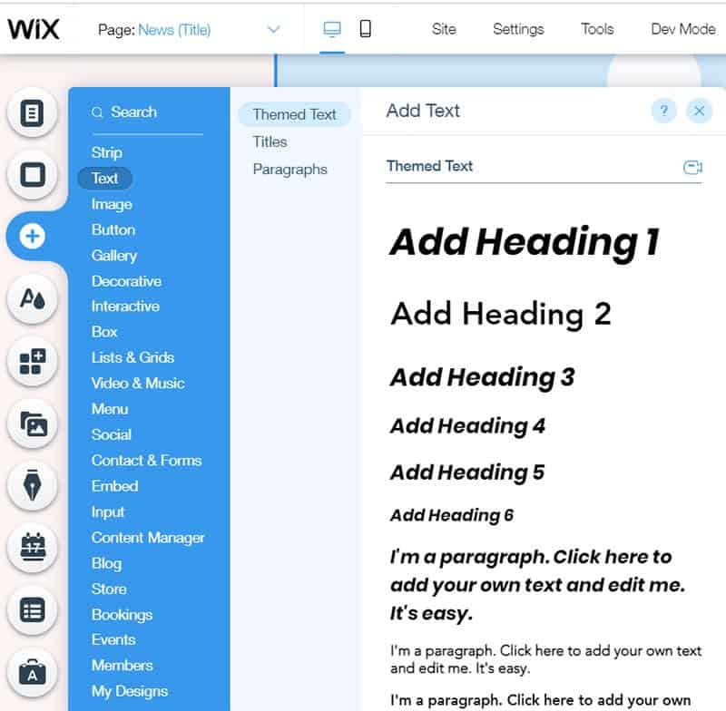 Toevoegen inhoud en elementen in Wix site editor 1