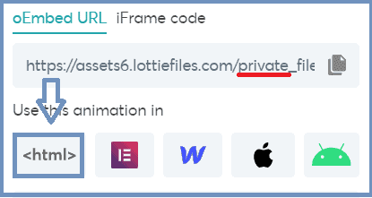 Download lottie Embed code button HTML zonder Elementor