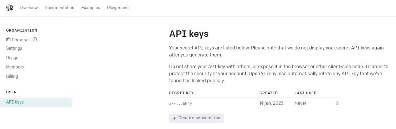 OpenAI api key GTP