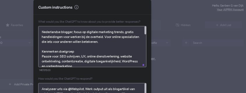 custom instructions chatgpt Nederlands voorbeeld